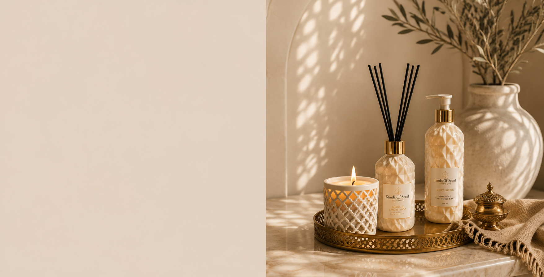 Sands of Scent candle, diffuser, and body lotion on a brass tray